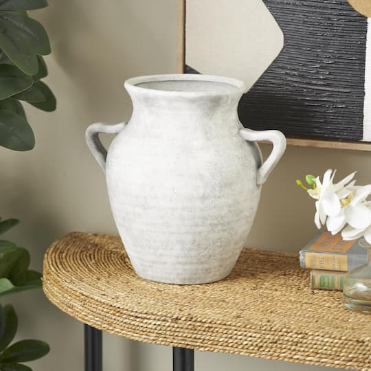 13" White Ceramic Antique Style Textured Vase with Black Shadings & Handles